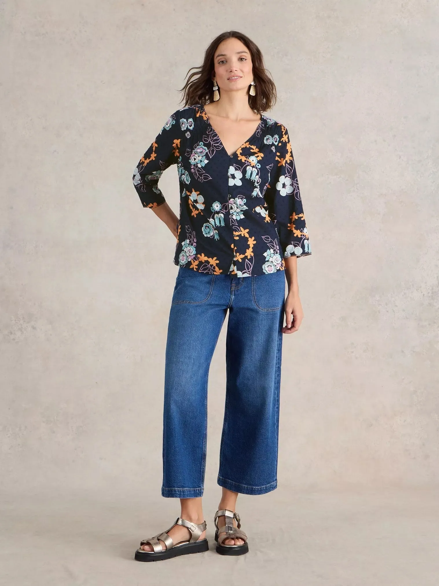White Stuff Rae Organic Cotton Top Navy Print
