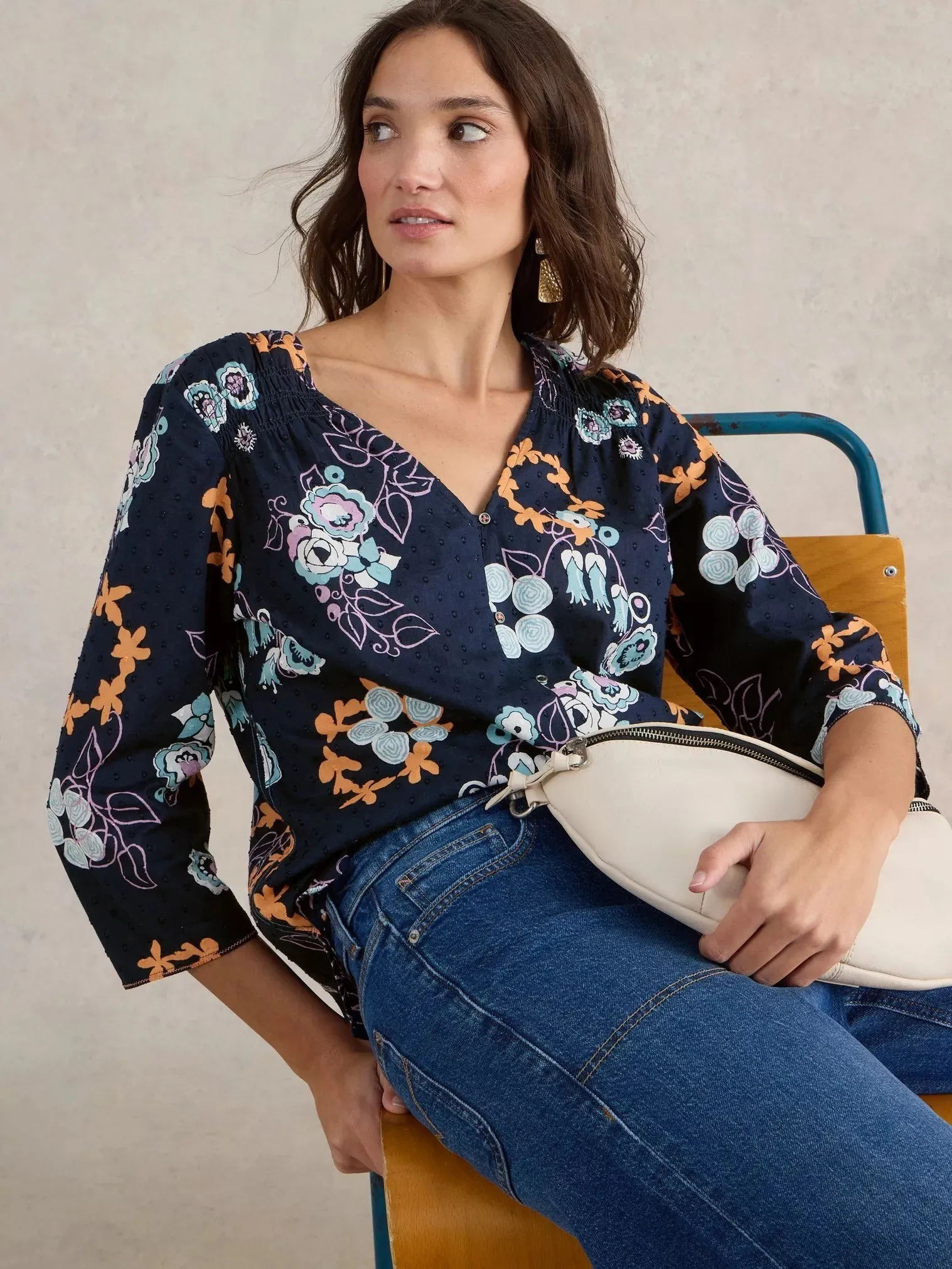 White Stuff Rae Organic Cotton Top Navy Print