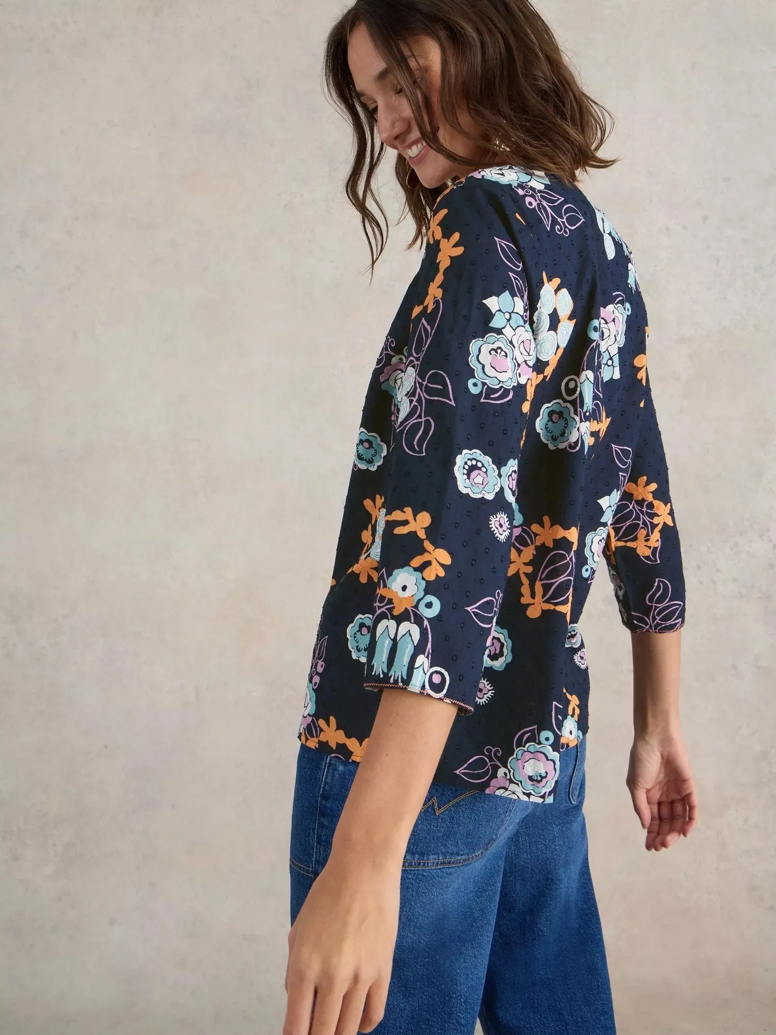 White Stuff Rae Organic Cotton Top Navy Print
