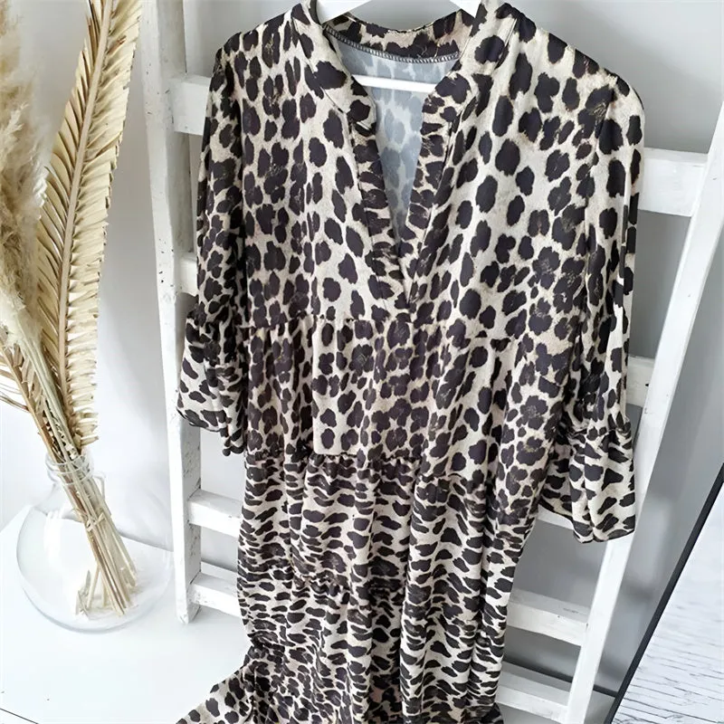 Women V-neck Leopard Print Loose Casual Maxi Dress