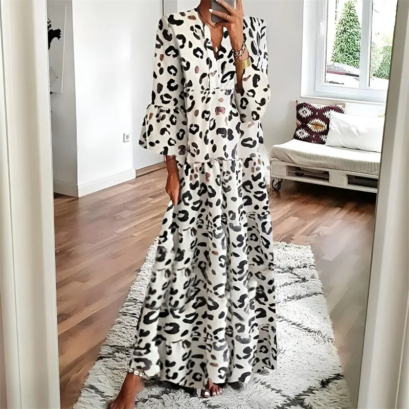 Women V-neck Leopard Print Loose Casual Maxi Dress