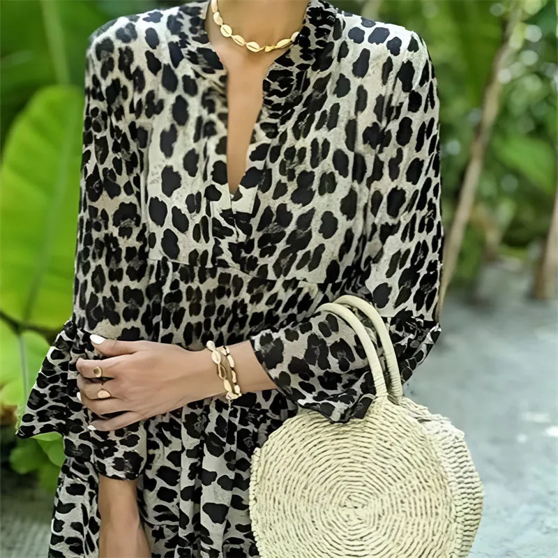 Women V-neck Leopard Print Loose Casual Maxi Dress