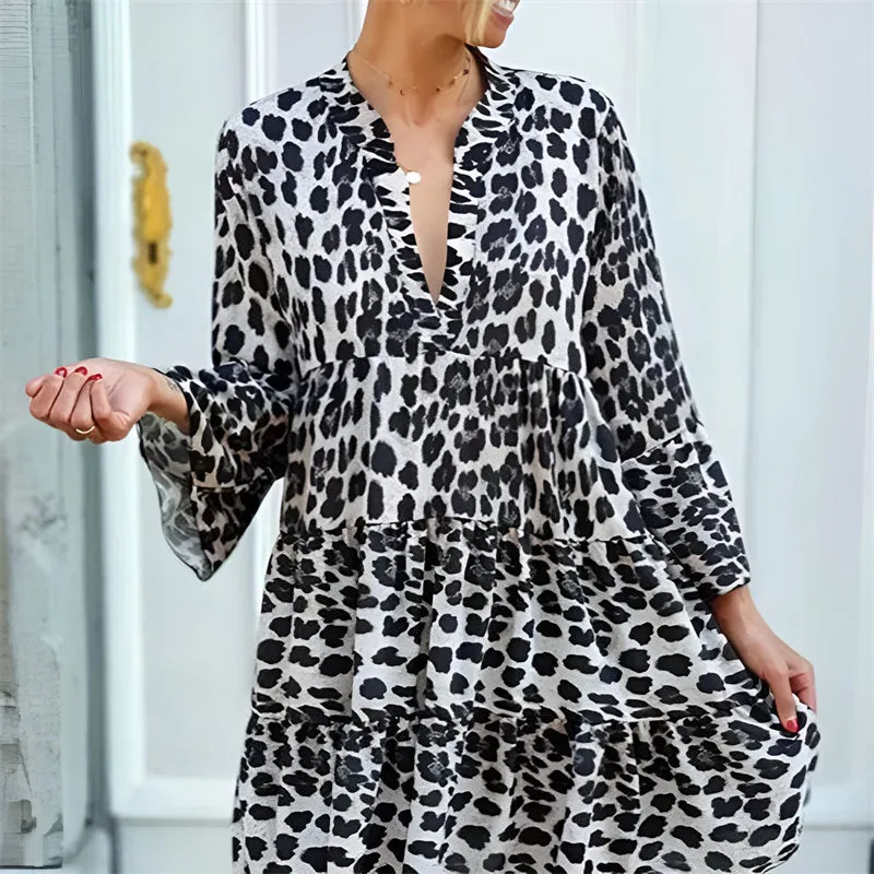 Women V-neck Leopard Print Loose Casual Maxi Dress