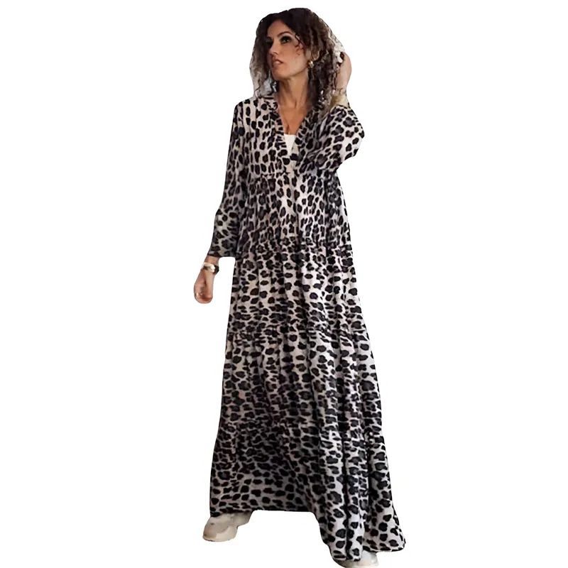 Women V-neck Leopard Print Loose Casual Maxi Dress