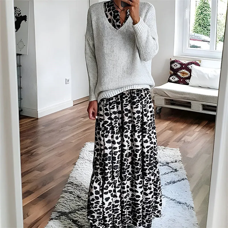 Women V-neck Leopard Print Loose Casual Maxi Dress