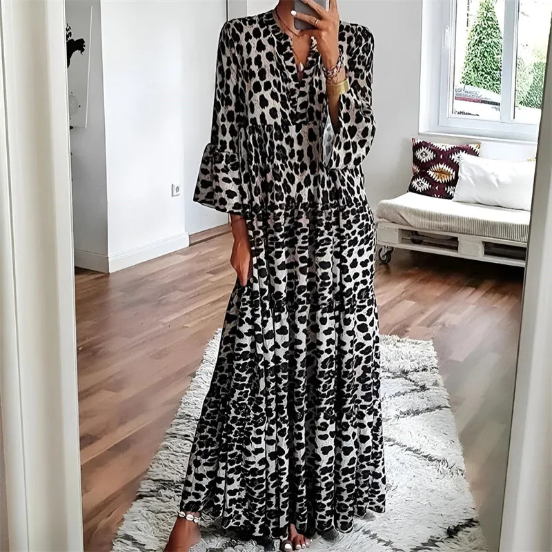 Women V-neck Leopard Print Loose Casual Maxi Dress