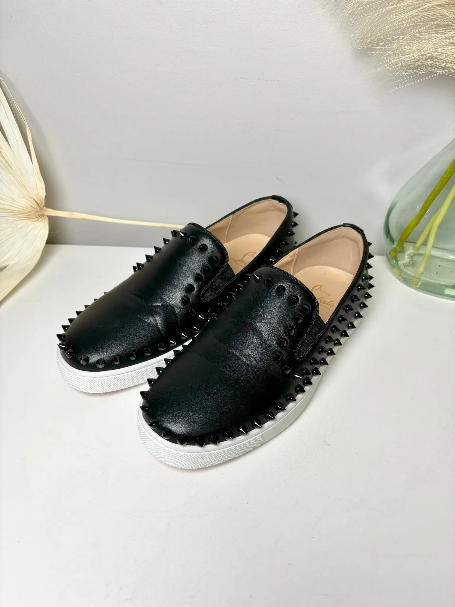Women's Size 38 Christian Louboutin Black Leather Spike Slip-On Loafers
